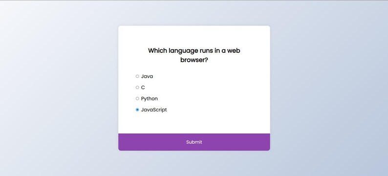 Puede incluir: Una interfaz de cuestionario digital con fondo blanco y bot&oacute;n de env&iacute;o morado. Se muestra la pregunta "&iquest;Qu&eacute; lenguaje se ejecuta en un navegador web?", con opciones como Java, C, Python y JavaScript.