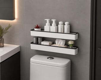 No-Drill Adhesive Bathroom Shelf, Wall Mounted Organizer Rack, Space Saver Storage (Elegant Grey)