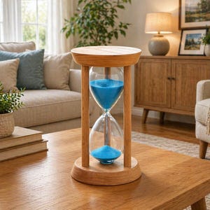May include: A wooden hourglass with a light wood finish and clear glass chambers. The hourglass contains blue sand. The hourglass is on a wooden table in a living room setting.