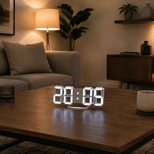 May include: A modern digital clock with white LED numerals displays the time on a dark wooden coffee table. The clock is rectangular with a white base. A mug of coffee sits on a coaster nearby.