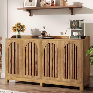 Credenza da fattoria con vani contenitori, mobile credenza in noce per sala da pranzo, consolle con ante ad arco, mobile rustico per la cucina con vani contenitori