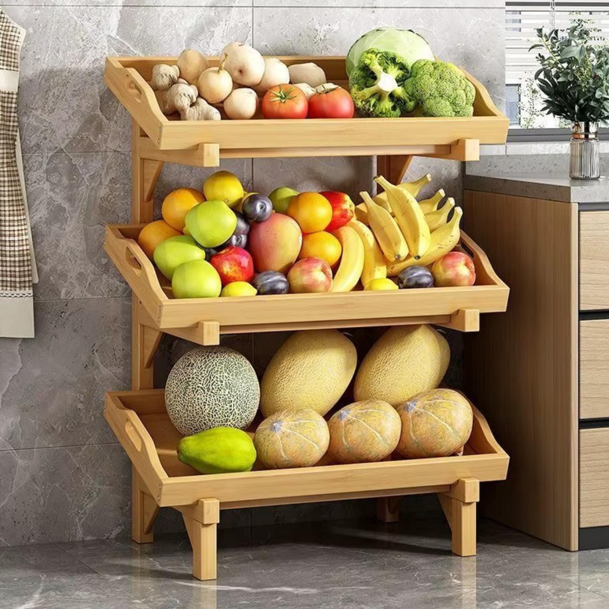 Bamboo Fruit Storage Rack, 3 Tier Kitchen Produce Stand, Vegetable ...