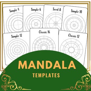 May include: A collection of white mandala templates with black line drawings, labeled 'Simple' and 'Classic' with numbers. The image includes a green banner with the words 'MANDALA TEMPLATES' in orange. Decorative gold flourishes are in the corners.