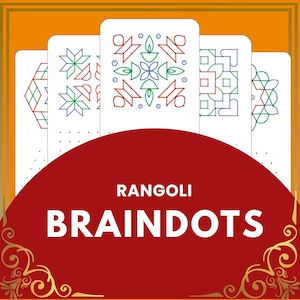 May include: A stack of white cards with colorful Rangoli designs in red, green, and blue. The cards are arranged in a fan shape, with the words "RANGOLI BRAINDOTS" in white on a red background.