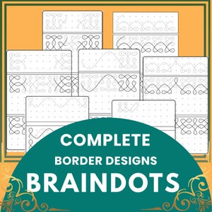 Puede incluir: Una colección de diseños de bordes en blanco y negro sobre un fondo blanco, con una pancarta turquesa en la parte inferior que dice "COMPLETE BORDER DESIGNS BRAINDOTS". Los diseños presentan varios patrones de líneas y puntos.