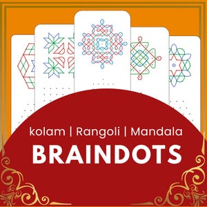 May include: A collection of white cards featuring colorful geometric designs in red, blue, and green. The cards are arranged in a fan shape, with the text "kolam | Rangoli | Mandala BRAINDOTS" in a bold, white font on a red background.