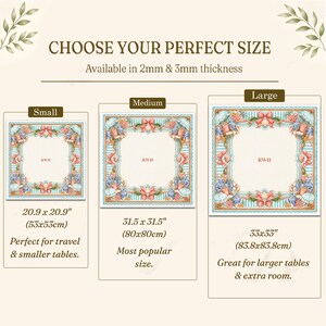 May include: A size guide for square mats featuring three options labeled Small, Medium, and Large. The Small mat is 20.9 x 20.9 inches, the Medium is 31.5 x 31.5 inches, and the Large is 33 x 33 inches. Each mat has a floral and striped border.