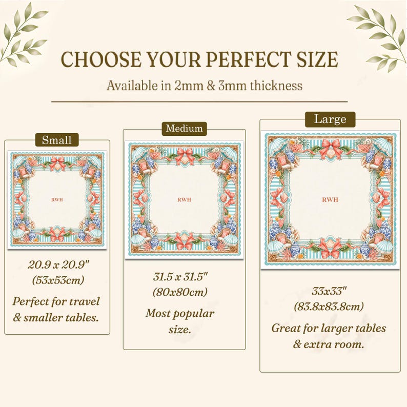 May include: A size guide for square mats featuring three options labeled Small, Medium, and Large. The Small mat is 20.9 x 20.9 inches, the Medium is 31.5 x 31.5 inches, and the Large is 33 x 33 inches. Each mat has a floral and striped border.