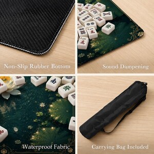 May include: A mahjong mat featuring a dark green lotus leaf pattern with white tiles, a non-slip rubber bottom, sound dampening properties, and waterproof fabric. The set includes a black carrying bag with a strap for storage and transport.