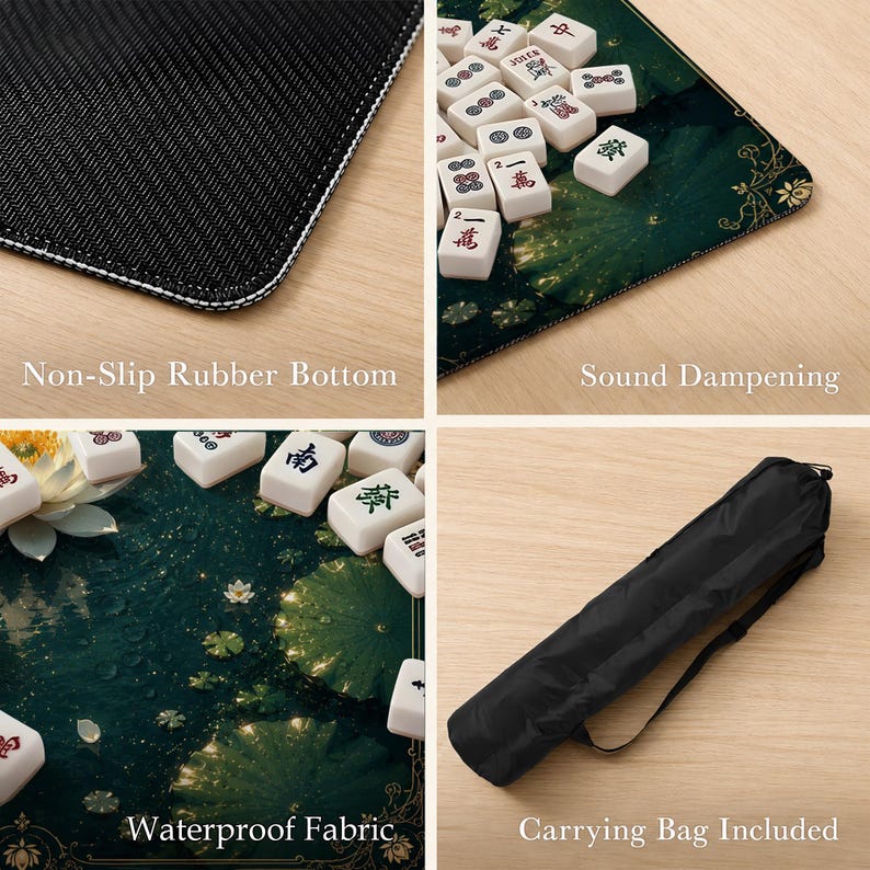 May include: A mahjong mat featuring a dark green lotus leaf pattern with white tiles, a non-slip rubber bottom, sound dampening properties, and waterproof fabric. The set includes a black carrying bag with a strap for storage and transport.