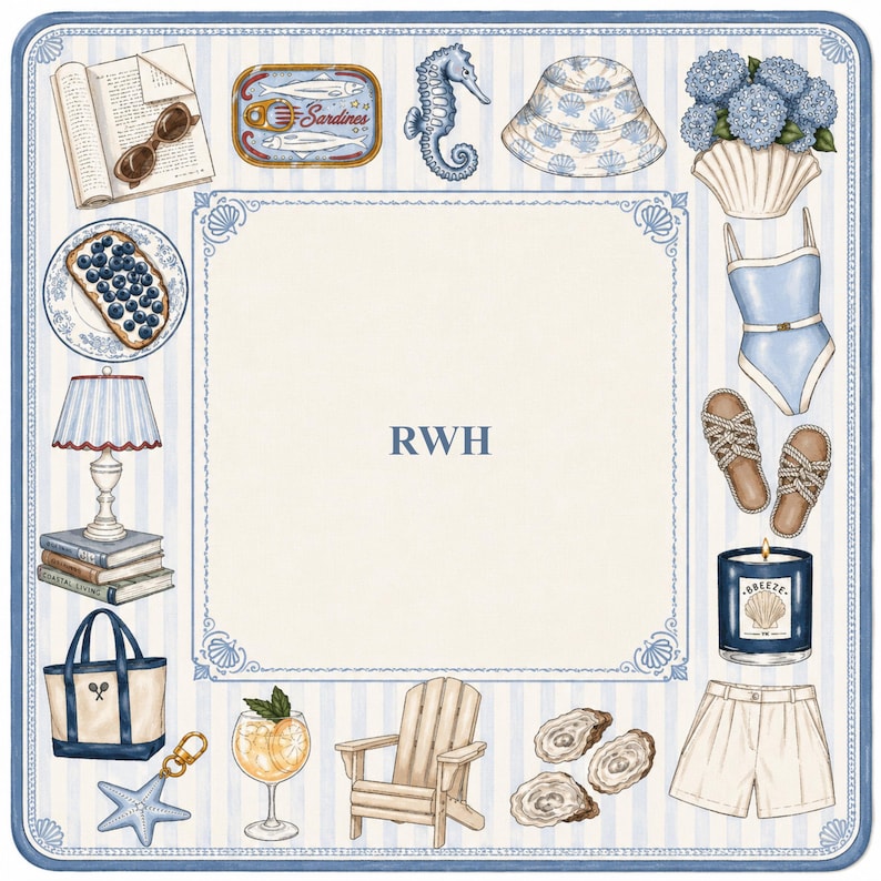 May include: A square decorative print featuring a central cream-colored panel with the letters RWH in blue. The border displays illustrations of a book, sunglasses, sardines, a seahorse, a bucket hat, hydrangeas, a swimsuit, sandals, a candle, shorts, oysters, a chair, a cocktail, a tote bag, a lamp, and blueberries.