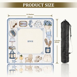 May include: A square beach towel with a blue and white striped border featuring illustrations of a book, sardines, seahorse, hat, flowers, swimsuit, sandals, candle, shorts, chair, drink, and tote bag. It measures 31.5 inches by 31.5 inches.
