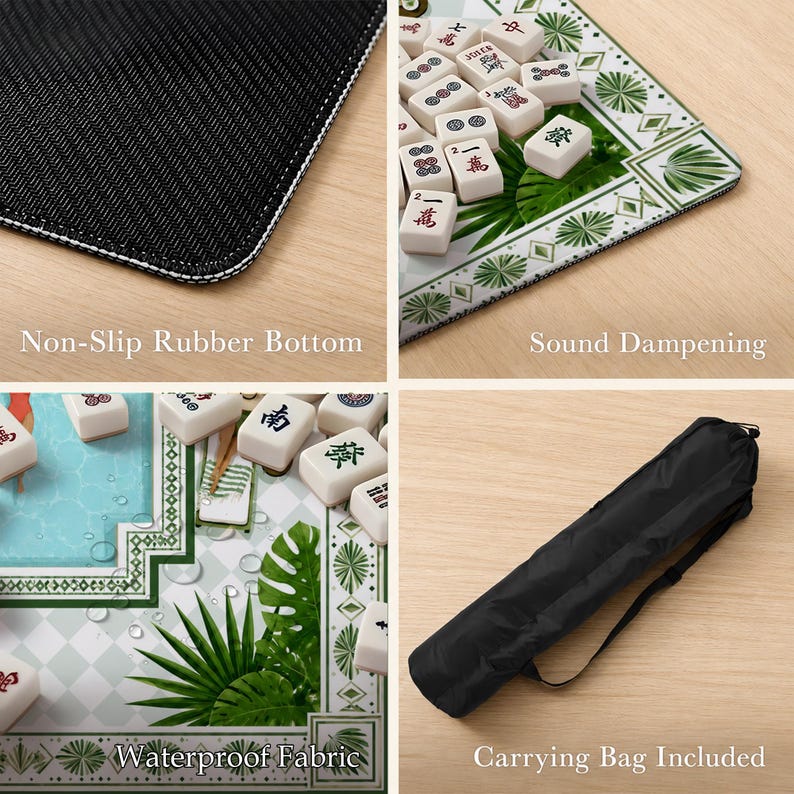 May include: A mahjong mat featuring a green palm leaf and checkered pattern with white tiles, a non-slip rubber bottom, sound dampening properties, waterproof fabric, and a black carrying bag. The text reads Non-Slip Rubber Bottom, Sound Dampening, Waterproof Fabric, and Carrying Bag Included.