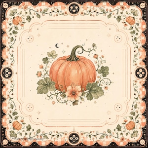 May include: A square textile featuring a central orange pumpkin surrounded by green leaves and small flowers. The border displays a peach gingham pattern, black accents, and circular motifs. The text Pocketfulofmeaning is printed in the bottom corner.