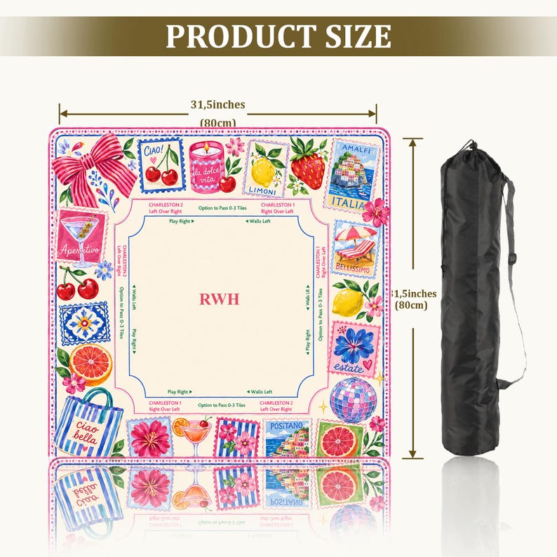 May include: A square mahjong mat featuring a cream center with the letters RWH, surrounded by a border of colorful illustrations including cherries, lemons, strawberries, and Italian coastal scenes. It measures 31.5 inches by 31.5 inches and includes a black carrying bag.