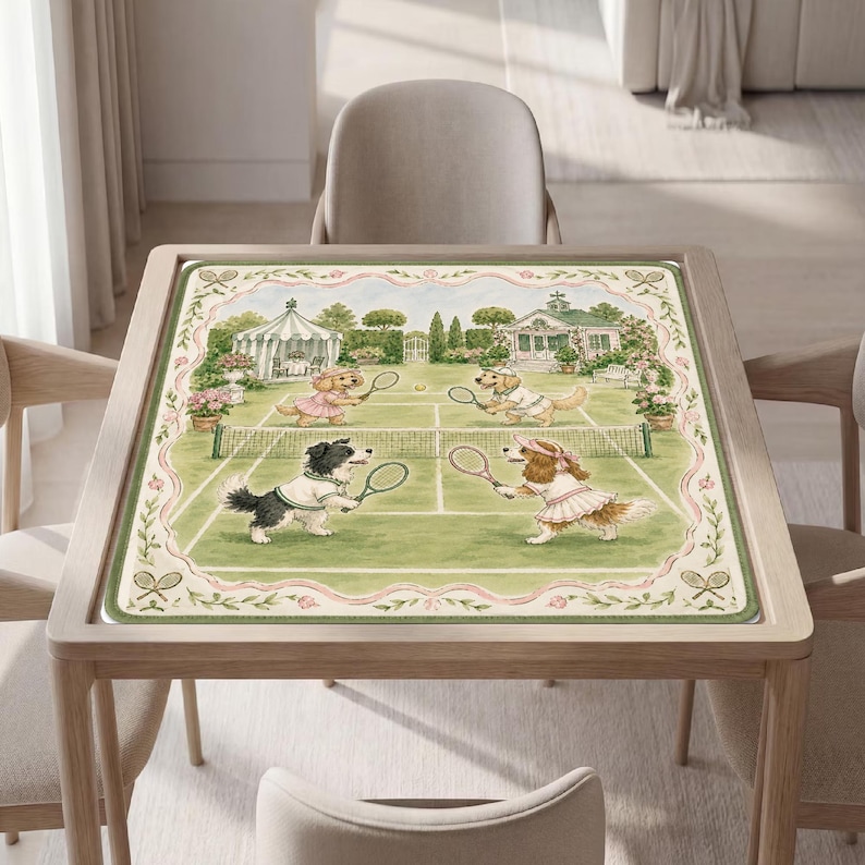 May include: A square table mat featuring a detailed illustration of four dogs playing tennis on a green court. The dogs wear tennis outfits and hold rackets. The scene is framed by a decorative border with pink ribbons and tennis rackets.
