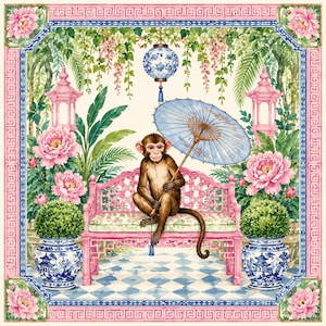 May include: A square decorative print featuring a brown monkey sitting on a pink bench, holding a light blue parasol. The scene includes blue and white porcelain vases, pink peony flowers, hanging greenery, and a blue and white hanging lantern.