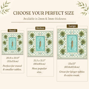 K&ouml;nnte beinhalten: Eine quadratische Matte mit einem Swimmingpool, einem Tiger, Palmen und einem Schachbrettmuster. Der Text lautet CHOOSE YOUR PERFECT SIZE, Available in 2mm & 3mm thickness, Small 53x53cm, Medium 80x80cm und Large 83.8x83.8cm als Gr&ouml;&szlig;enangaben.