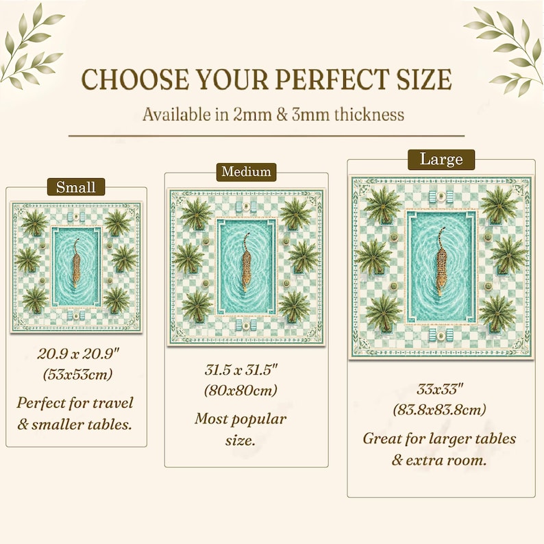 K&ouml;nnte beinhalten: Eine quadratische Matte mit einem Swimmingpool, einem Tiger, Palmen und einem Schachbrettmuster. Der Text lautet CHOOSE YOUR PERFECT SIZE, Available in 2mm & 3mm thickness, Small 53x53cm, Medium 80x80cm und Large 83.8x83.8cm als Gr&ouml;&szlig;enangaben.