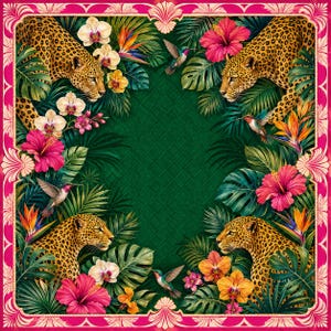 May include: A square decorative print featuring four leopards positioned in the corners, surrounded by tropical foliage, vibrant pink hibiscus flowers, orange bird of paradise flowers, white orchids, and hummingbirds, all framed by a pink border.