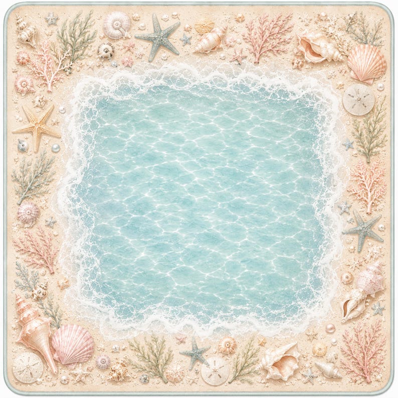 Op de afbeelding: Een vierkante decoratieve mat met een centraal lichtblauw waterontwerp met witte schuimranden. De rand is samengesteld uit diverse schelpen, zeesterren, zanddollars en koraaltakken in tinten beige, roze en zachtgroen op een zandkleurige ondergrond.