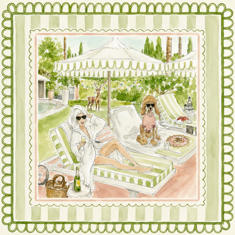May include: A watercolour illustration featuring a person in a white robe and towel wrap lounging on a green and white striped chaise longue with a glass of champagne, accompanied by a brown poodle wearing sunglasses and a pink shirt on a nearby chair.