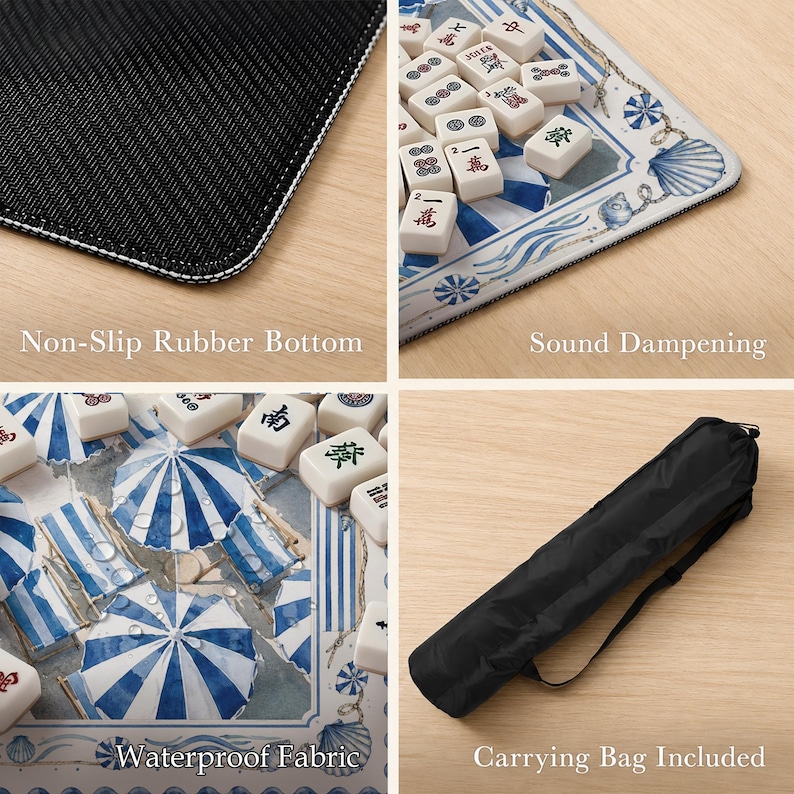 May include: A rectangular mahjong mat featuring a blue and white beach-themed print with umbrellas and seashells. The mat has a non-slip black rubber bottom, sound-dampening properties, waterproof fabric, and comes with a black carrying bag.