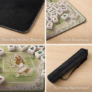 May include: A mahjong mat featuring a tennis-themed illustration of a dog in a pink visor and dress, with white mahjong tiles, a non-slip rubber base, sound dampening properties, waterproof fabric, and a black carrying bag with a shoulder strap.