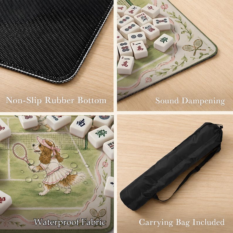 May include: A mahjong mat featuring a tennis-themed illustration of a dog in a pink visor and dress, with white mahjong tiles, a non-slip rubber base, sound dampening properties, waterproof fabric, and a black carrying bag with a shoulder strap.