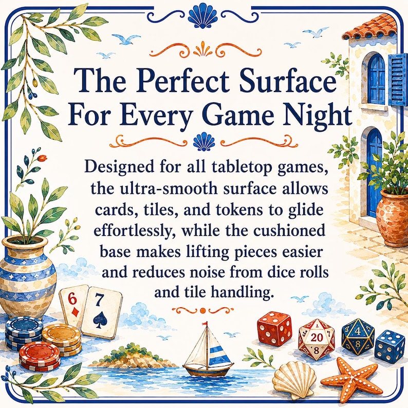 K&ouml;nnte beinhalten: Eine rechteckige Spielmatte mit einer mediterranen Illustration, die ein Segelboot, W&uuml;rfel, Spielkarten und Pokerchips zeigt. Der Text lautet: The Perfect Surface For Every Game Night. Die ultra-glatte Oberfl&auml;che erm&ouml;glicht ein m&uuml;heloses Gleiten von Karten, Pl&auml;ttchen und Spielsteinen, w&auml;hrend die gepolsterte Unterseite das Aufheben der Teile erleichtert und Ger&auml;usche beim W&uuml;rfeln und Bewegen der Spielsteine reduziert.