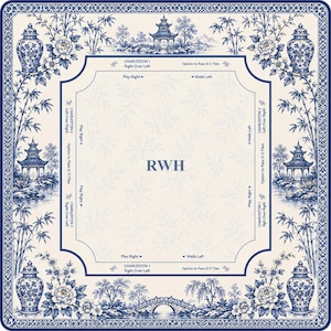 May include: A square mahjong mat featuring a blue and white chinoiserie border with pagodas, vases, and bamboo. The center is cream-colored with the letters RWH and game instructions including Charleston 1, Right Over Left, and Play Right.