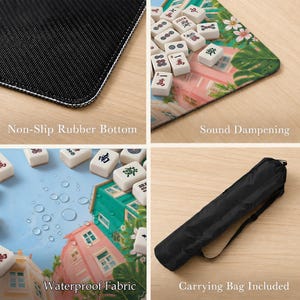 Puede incluir: Una alfombrilla rectangular para mahjong con una colorida ilustraci&oacute;n de edificios rosas y verdes con follaje tropical. La alfombrilla tiene una base de goma antideslizante, propiedades de insonorizaci&oacute;n y superficie de tela impermeable. Incluye bolsa negra.