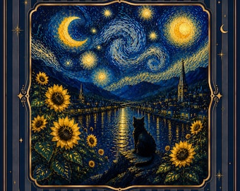 Sternenklare Nacht Mahjong Matte, Sonnenblumenkatze Mahjong Tischmatte, Celestial Art Game Mat, Amerikanisches Mahjong Geschenk
