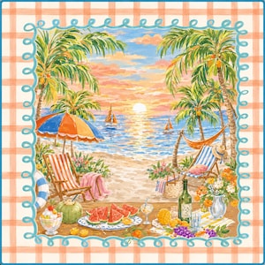 Op de afbeelding: Een vierkant decoratief stoffen paneel met een tropisch strandtafereel bij zonsondergang met palmbomen, zeilboten, ligstoelen en een picknicktafel op de voorgrond vol met watermeloenpartjes, een groene kokosnoot, fruit en een wijnfles.