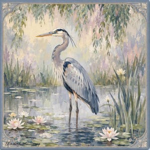 May include: A painting of a great blue heron standing in a pond with white water lilies and green reeds. The bird has grey and blue feathers with a long neck and pointed beak. The text Pocketfulofmeaning is printed in the bottom left corner.