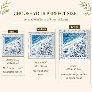 May include: A square table cover featuring a blue and white beach scene with umbrellas and chairs. The image displays three sizes: small at 20.9 x 20.9 inches, medium at 31.5 x 31.5 inches, and large at 33 x 33 inches, with 2mm and 3mm thickness options.