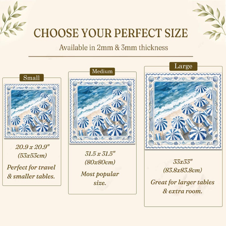 May include: A square table cover featuring a blue and white beach scene with umbrellas and chairs. The image displays three sizes: small at 20.9 x 20.9 inches, medium at 31.5 x 31.5 inches, and large at 33 x 33 inches, with 2mm and 3mm thickness options.