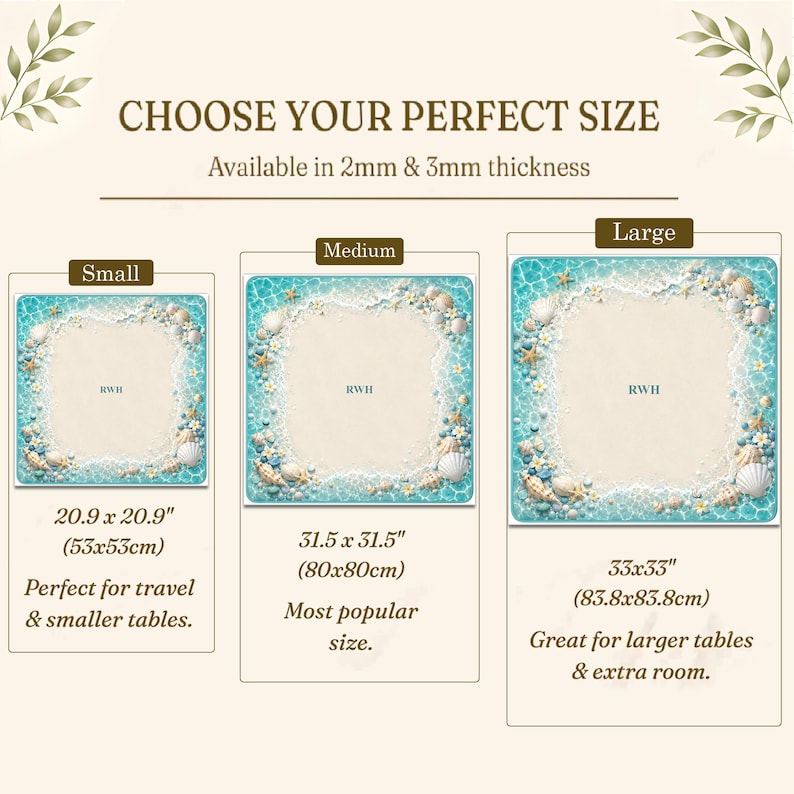 Puede incluir: Una alfombrilla cuadrada con un borde tem&aacute;tico de playa con conchas, estrellas de mar y agua azul. El texto incluye CHOOSE YOUR PERFECT SIZE, 2mm & 3mm thickness, Small 53x53cm, Medium 80x80cm, Large 83.8x83.8cm y la marca RWH en cada una.