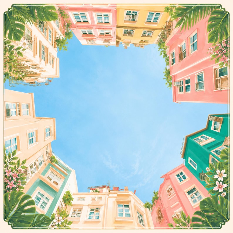 Puede incluir: Una ilustraci&oacute;n cuadrada que muestra una perspectiva en contrapicado de edificios coloridos en tonos rosa, amarillo, verde azulado y crema que rodean un cielo azul claro. La escena est&aacute; enmarcada por hojas tropicales verdes y flores.