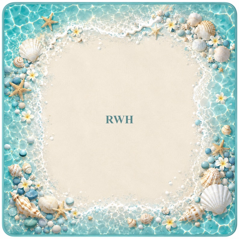Puede incluir: Una alfombra cuadrada con un centro color arena beige y las letras RWH en verde azulado oscuro. El borde muestra una escena de playa realista con agua turquesa, espuma de mar blanca, varias conchas, estrellas de mar y flores de plumeria blancas.
