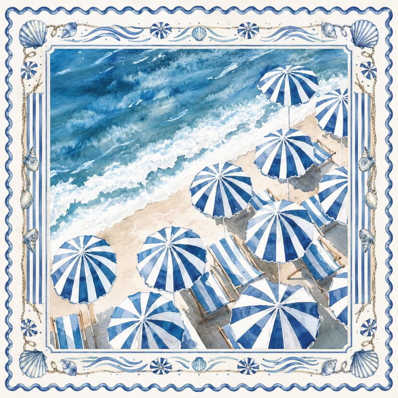 May include: A square decorative textile featuring a watercolor illustration of a beach with blue and white striped umbrellas and lounge chairs. The border displays a rope pattern with seashells and small blue and white striped circular motifs.
