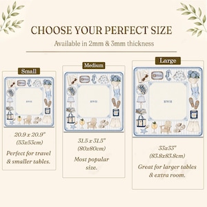 May include: A size guide for square tablecloths featuring three options labeled Small, Medium, and Large. Each shows a blue and white coastal-themed border with the monogram RWH. Dimensions are 20.9x20.9 inches, 31.5x31.5 inches, and 33x33 inches.