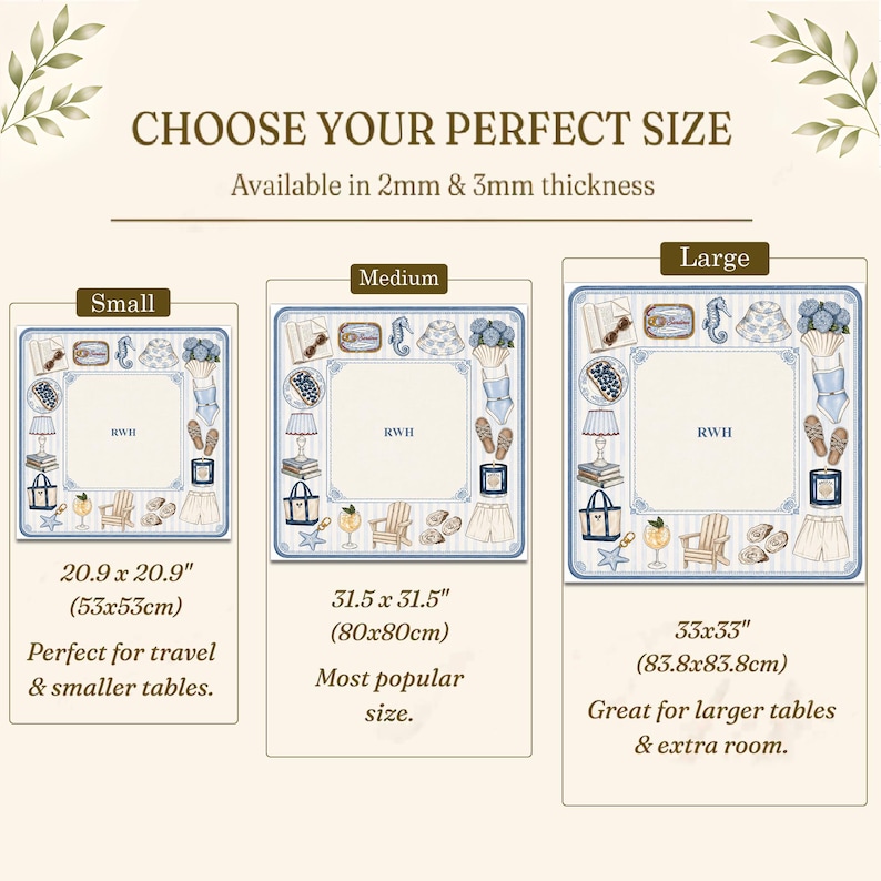May include: A size guide for square tablecloths featuring three options labeled Small, Medium, and Large. Each shows a blue and white coastal-themed border with the monogram RWH. Dimensions are 20.9x20.9 inches, 31.5x31.5 inches, and 33x33 inches.