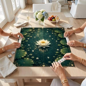 May include: A rectangular mahjong mat featuring a dark green pond surface with a central white lotus flower, surrounded by scattered lily pads and golden sparkles, with white mahjong tiles placed along the edges of the mat.