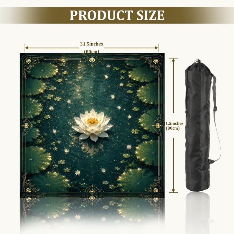 May include: A square mat featuring a white lotus flower on a dark green water surface with lily pads, framed by a gold border. The mat measures 31.5 inches by 31.5 inches and includes a black carrying bag with a shoulder strap for storage.