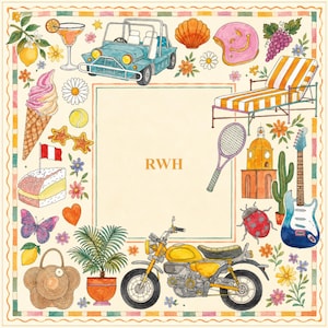 K&ouml;nnte beinhalten: Ein quadratisches Tuch mit cremefarbenem Zentrum und den Buchstaben RWH, umrandet von Aquarellillustrationen wie einem blauen Jeep, einem gelben Motorrad, einer gestreiften Liege, einer blauen E-Gitarre, einer Eist&uuml;te und verschiedenen Blumen.