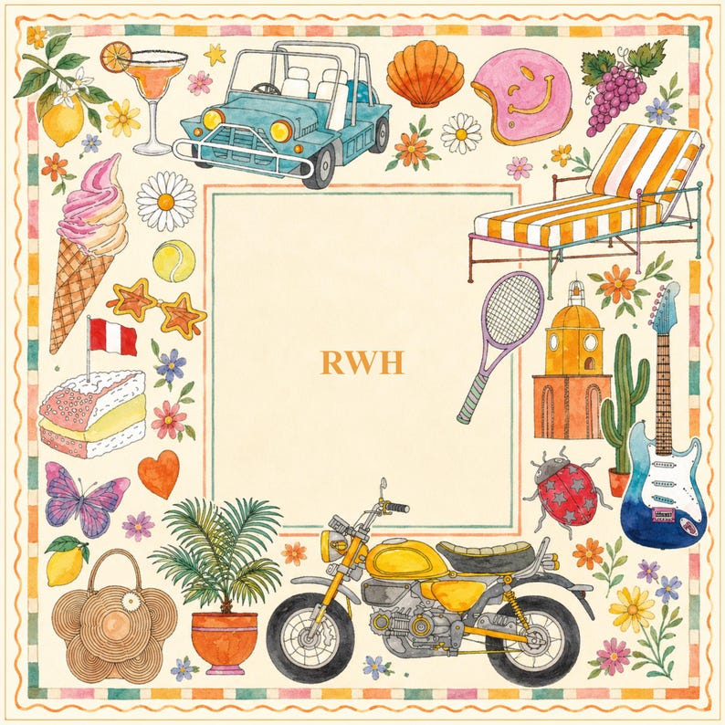 K&ouml;nnte beinhalten: Ein quadratisches Tuch mit cremefarbenem Zentrum und den Buchstaben RWH, umrandet von Aquarellillustrationen wie einem blauen Jeep, einem gelben Motorrad, einer gestreiften Liege, einer blauen E-Gitarre, einer Eist&uuml;te und verschiedenen Blumen.