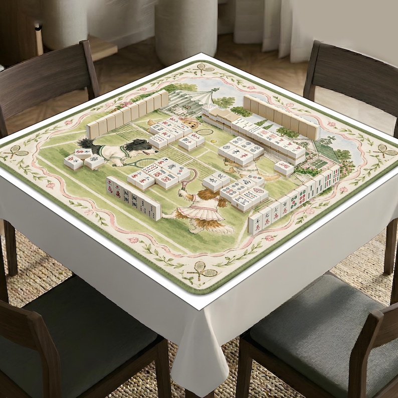May include: A square table cover featuring a tennis court illustration with dogs playing tennis, surrounded by a floral border. The cover is topped with sets of white mahjong tiles arranged in rows and stacks across the green court surface.