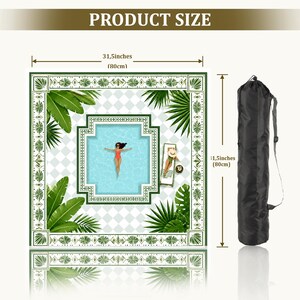 May include: A square pool towel featuring a central swimming pool graphic with a person floating, surrounded by palm leaves and a geometric border. It measures 31.5 inches by 31.5 inches and includes a black cylindrical carrying bag with a strap.