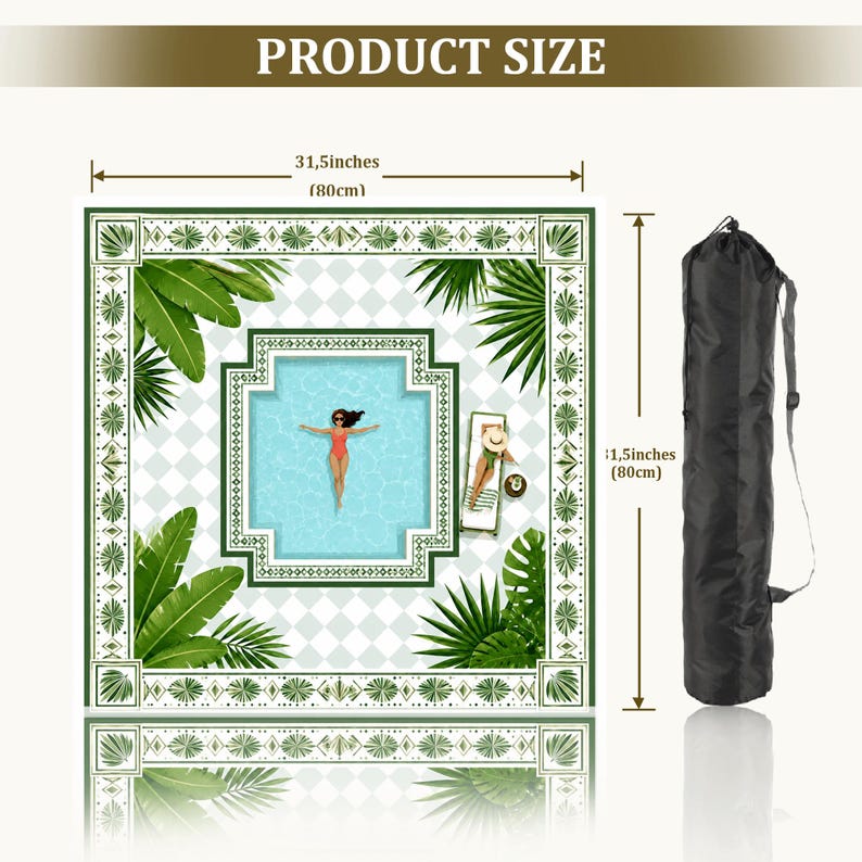 May include: A square pool towel featuring a central swimming pool graphic with a person floating, surrounded by palm leaves and a geometric border. It measures 31.5 inches by 31.5 inches and includes a black cylindrical carrying bag with a strap.
